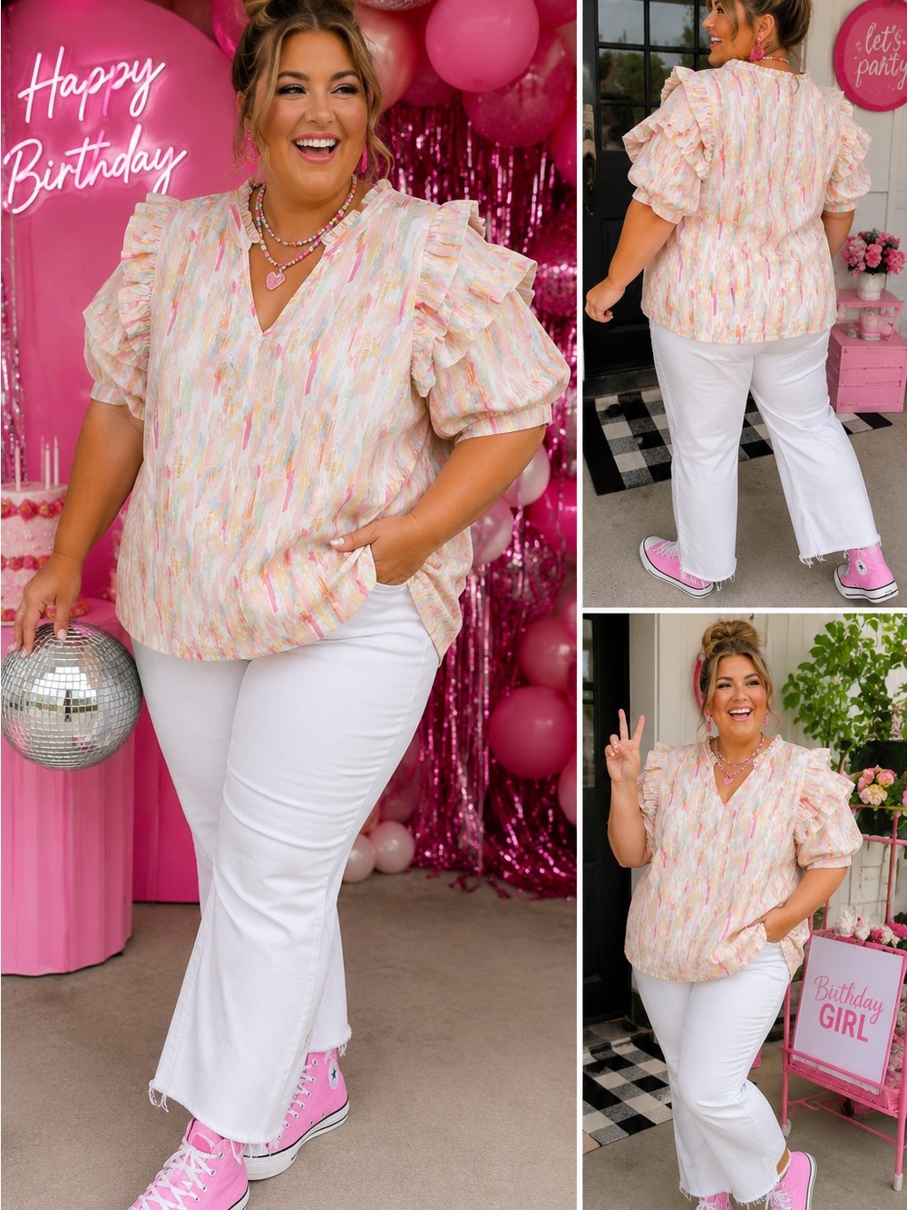 Jodifl 2X Pastel Abstract Ruffle Puff‎ Sleeve Blouse